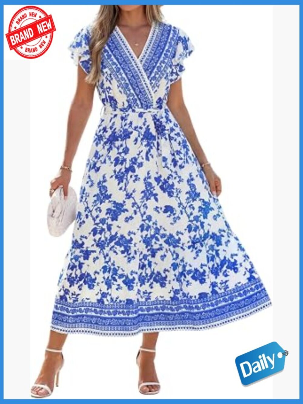 Women Floral Maxi Dress Wrap V-Neck Ruffle Sleeve Boho Casual Long Dress